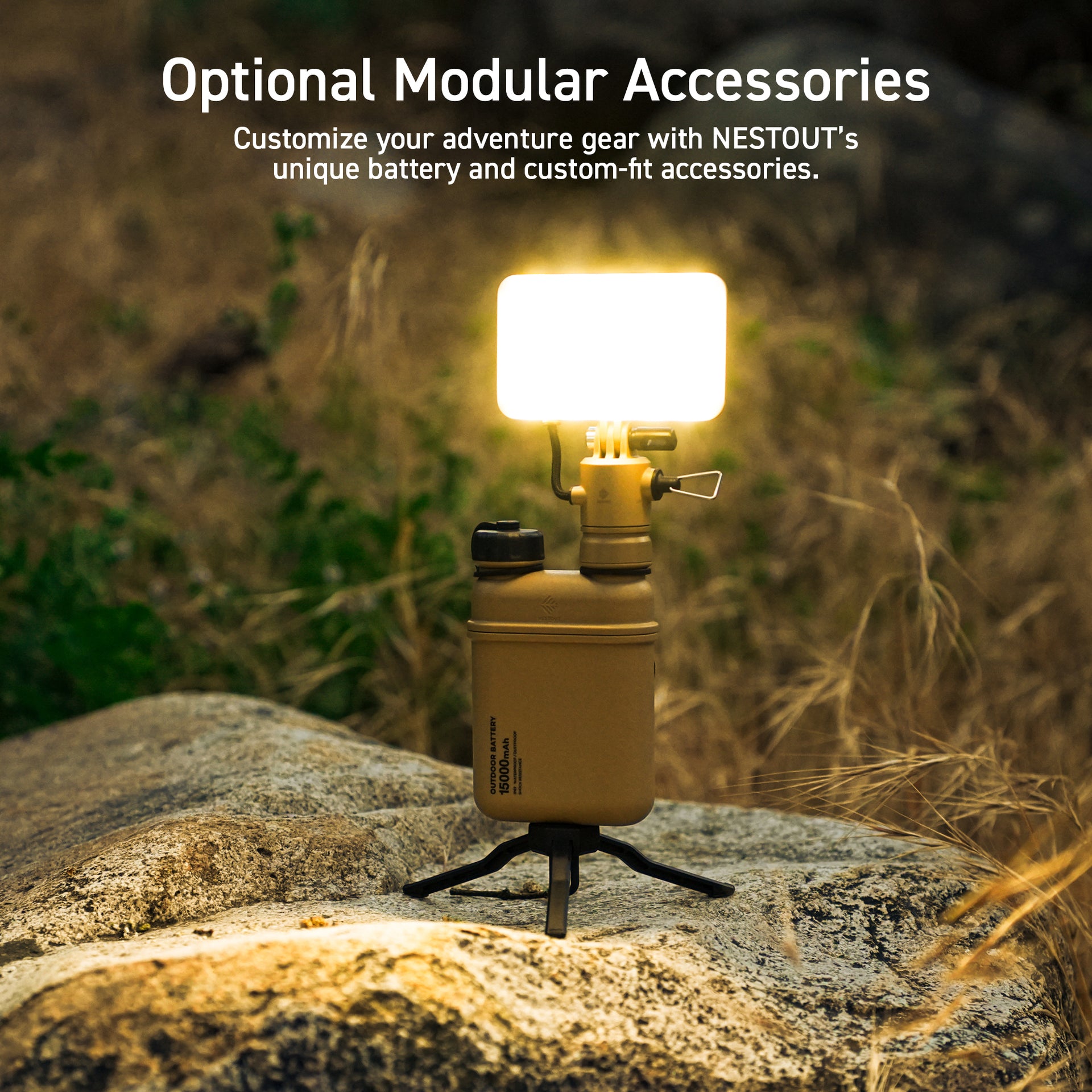 optional modular accessories can be paired with NESTOUT batteries - add a lighting accessory or a tripod or d ring into the threading on the bottom of the battery