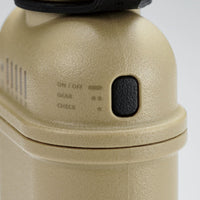 closeup shows how long to press the button for on/off, gear, and check battery life functions of the durable outdoor power bank