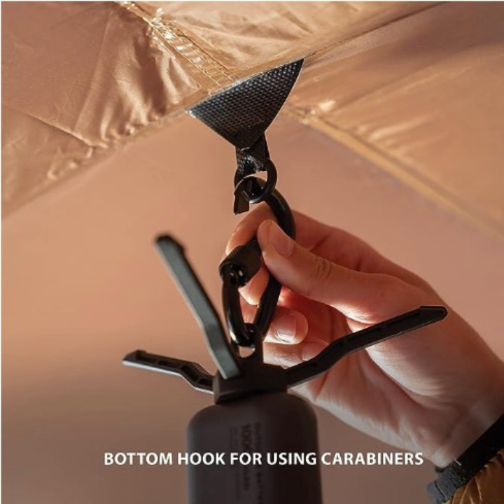 tripod comes with a bottom hook for use with carabiners
