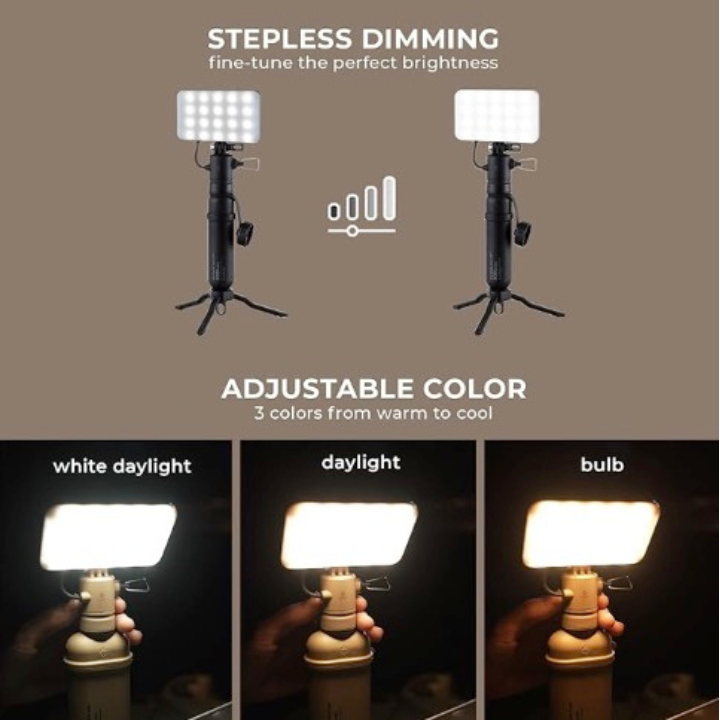 collage graphic showing dimming and adjustable color features of rugged flashlight accessory | text reads: STEPLESS DIMMING fine tune the perfect brightness | ADJUSTABLE COLOR 3 colors from warm to cool | white daylight | daylight | bulb | NESTOUT USA