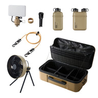 Large beige gear case along with portable fan, charging cord, 10000mAH, 15000mAH power banks, flash, spacer and tripod all in a beige color