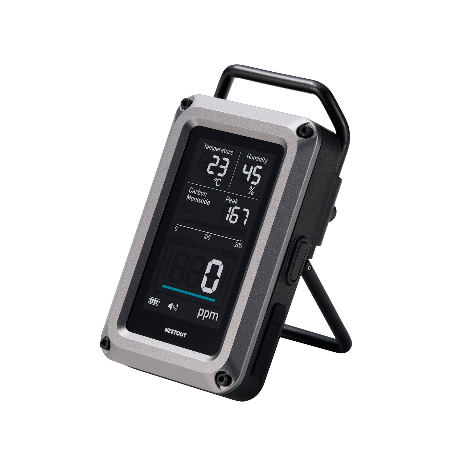 CO alarm with screen displaying readings on a white background