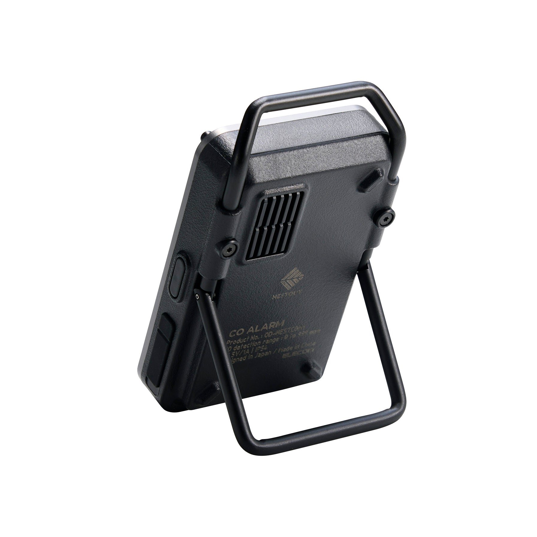 Black portable CO2 detection device using its support stand on a white background