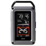 CO Alarm meter with screen displaying temperature, humidity, carbon monoxide, and methane levels on a white background.