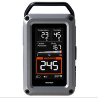 CO Alarm meter with screen displaying temperature, humidity, carbon monoxide, and methane levels on a white background.
