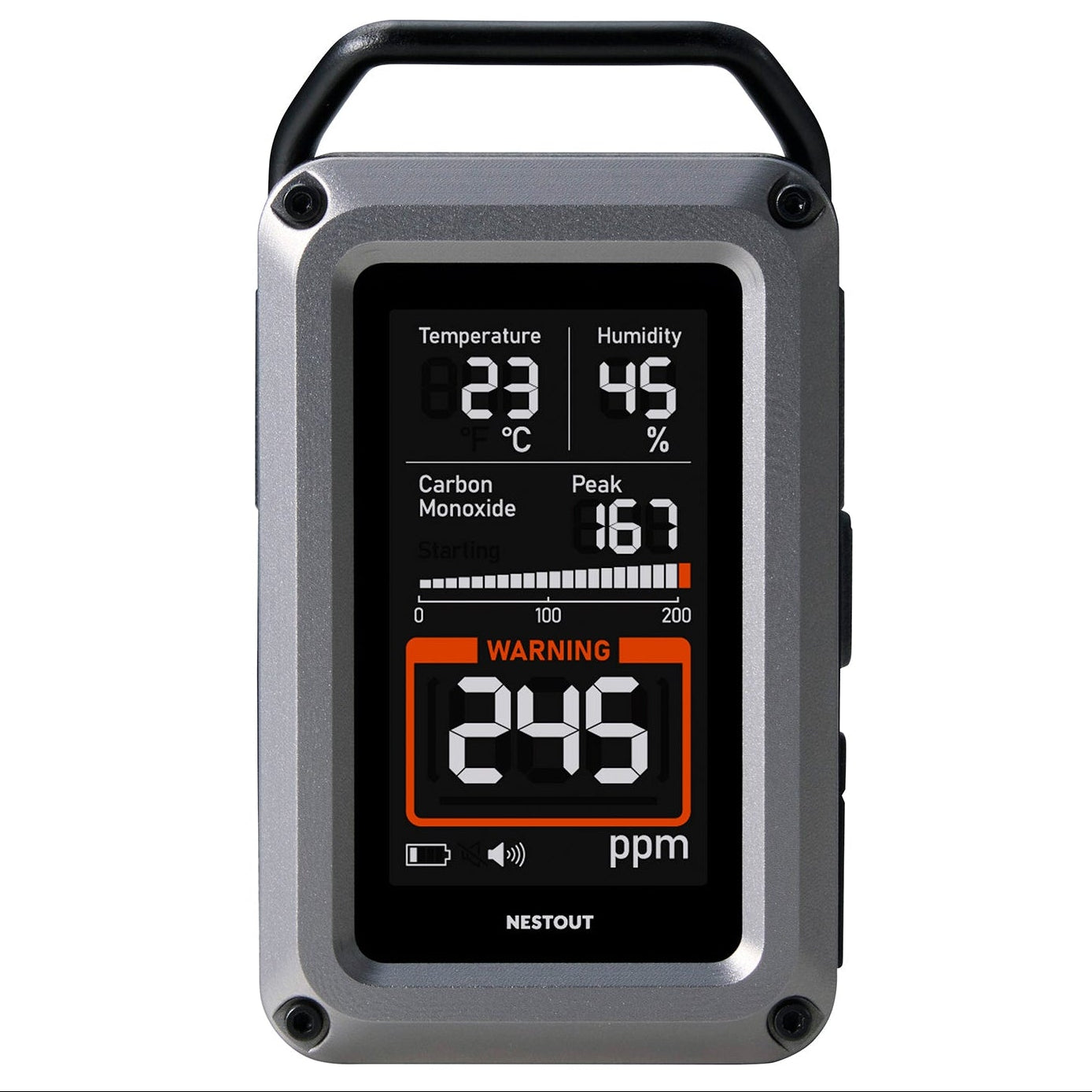CO Alarm meter with screen displaying temperature, humidity, carbon monoxide, and methane levels on a white background.