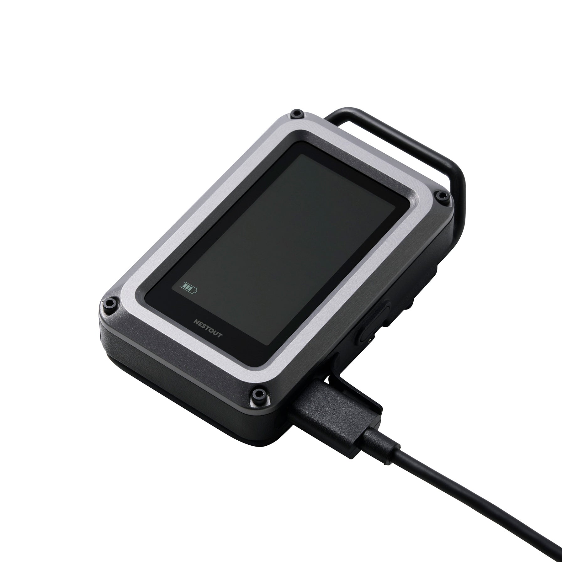 Black and gray CO monitor device with a USB cable connected on a white background
