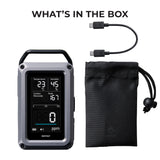 A what's in the box image showing CO monitor,USB cable, and carrying pouch on a white background