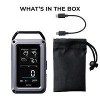 A what's in the box image showing CO monitor,USB cable, and carrying pouch on a white background