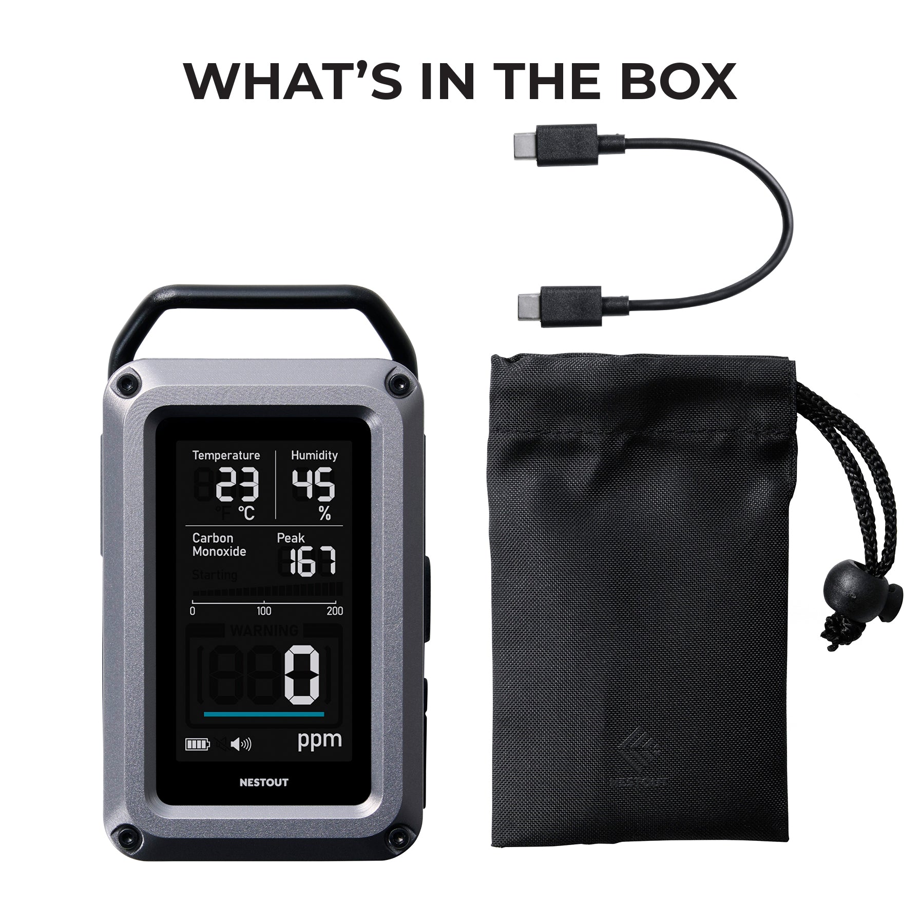 A what's in the box image showing CO monitor,USB cable, and carrying pouch on a white background