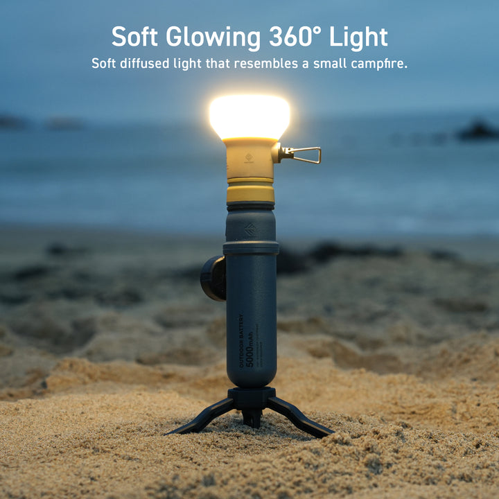 demonstration of NESTOUT LAMP-1 in use with the NESTOUT 5K power bank - 10-350 lumens - 360 degree wide coverage - IP44 water resistant - soft diffused light - rugged hard shell - stepless light adjustment - designed to pair with nestout batteries - innovative camping accessories for 2024