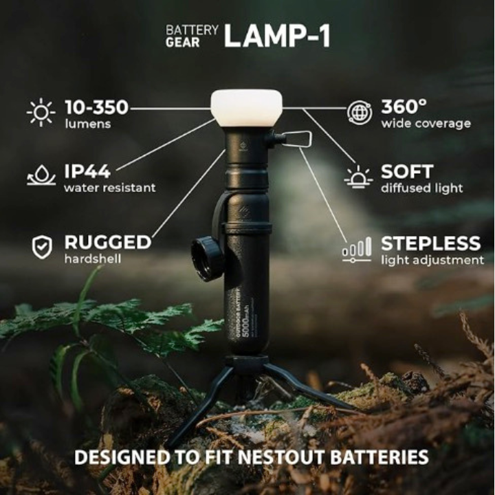 demonstration of NESTOUT LAMP-1 in use with the NESTOUT 5K power bank - 10-350 lumens - 360 degree wide coverage - IP44 water resistant - soft diffused light - rugged hard shell - stepless light adjustment - designed to pair with nestout batteries - innovative camping accessories for 2024