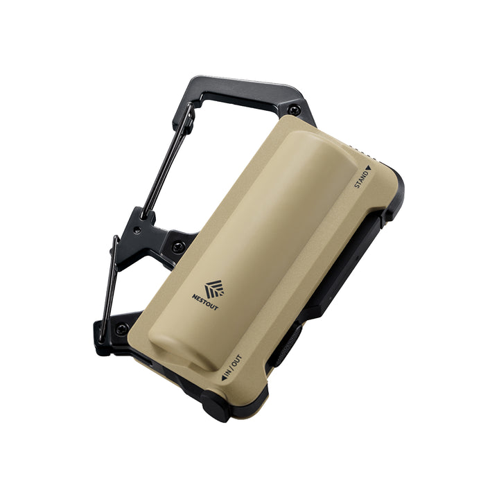 beige carabiner power bank on white background | nestout outdoor survival  tech