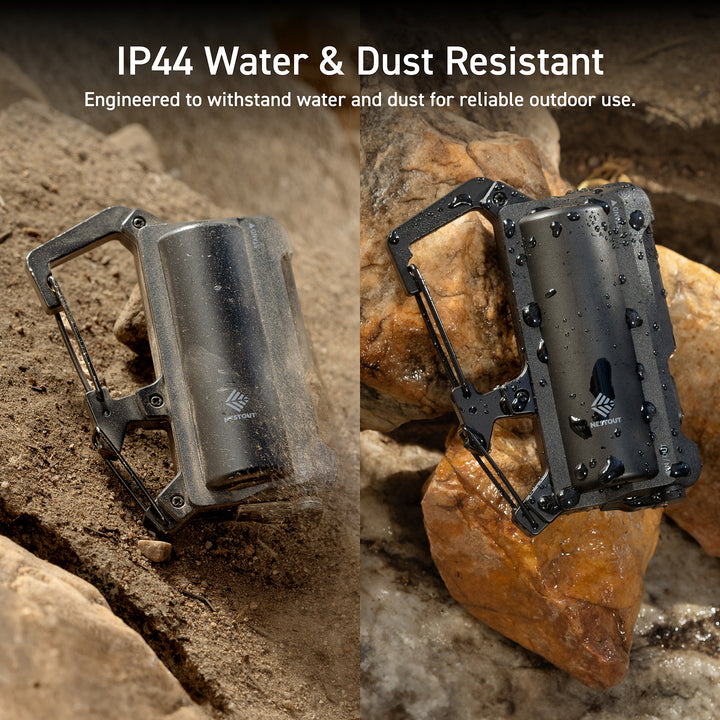 Text overlay in top middle center reads: IP44 Water & Dust Resistant: engineered to withstand water and dust for reliable outdoor use. | image split vertically | left: black carabiner battery in a rocky and dusty environment | right: black carabiner battery in a wet environment 