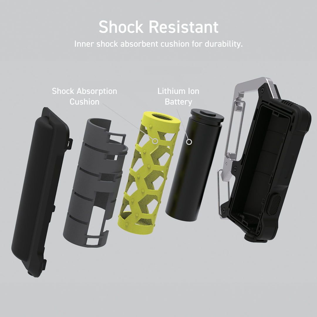 Text overlay reads: shock resistant: inner shock absorbent cushion for durability. Image depicts an exploded view of the layers of the product. From left to right: outer shell, casing, shock absorption cushion, lithium ion battery, remainder of outer shell with carabiner clip | shock resistant power bank
