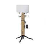 Image of the nestout beige flash connected to the 5k battery standing on tripod