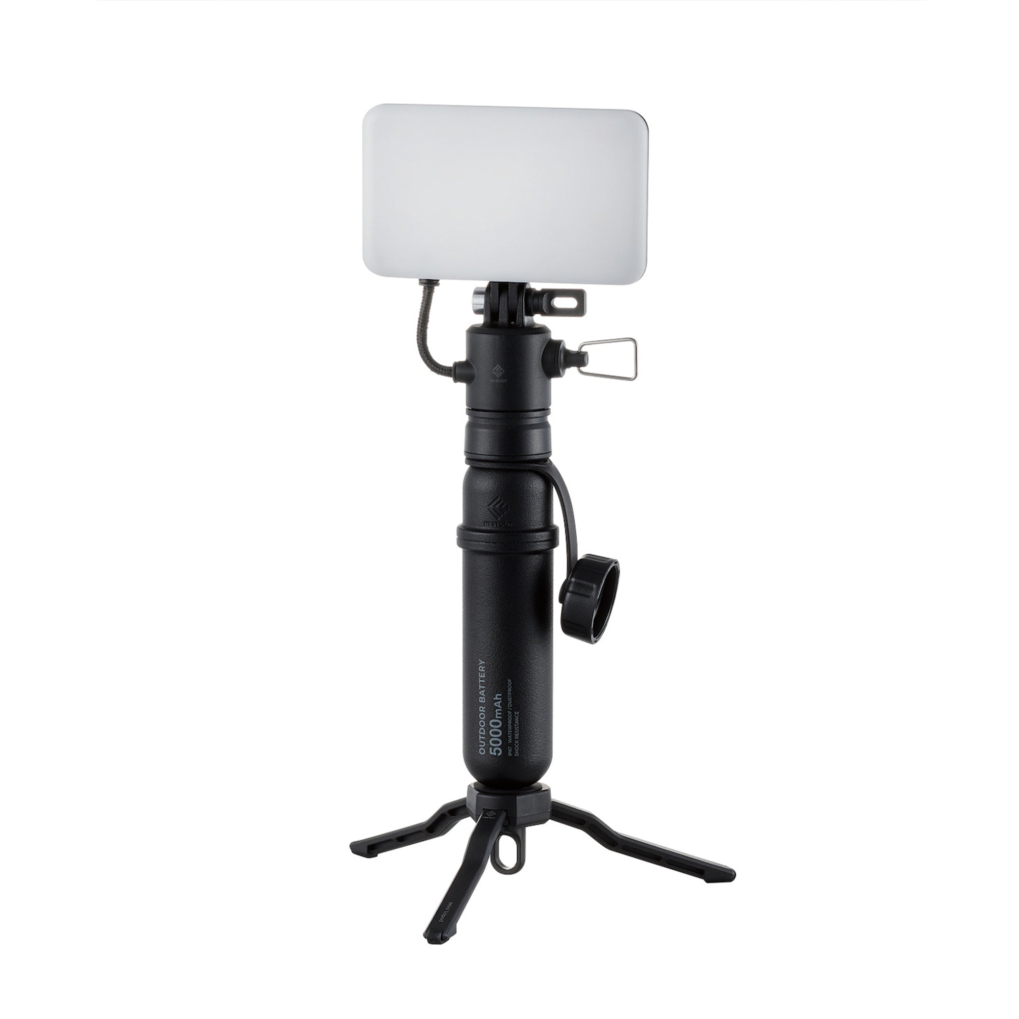 Image of the nestout black flash connected to the 5k battery standing on tripod