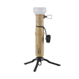 Image of nestout beige lamp with connected spacer connected 5k battery and tripod attached