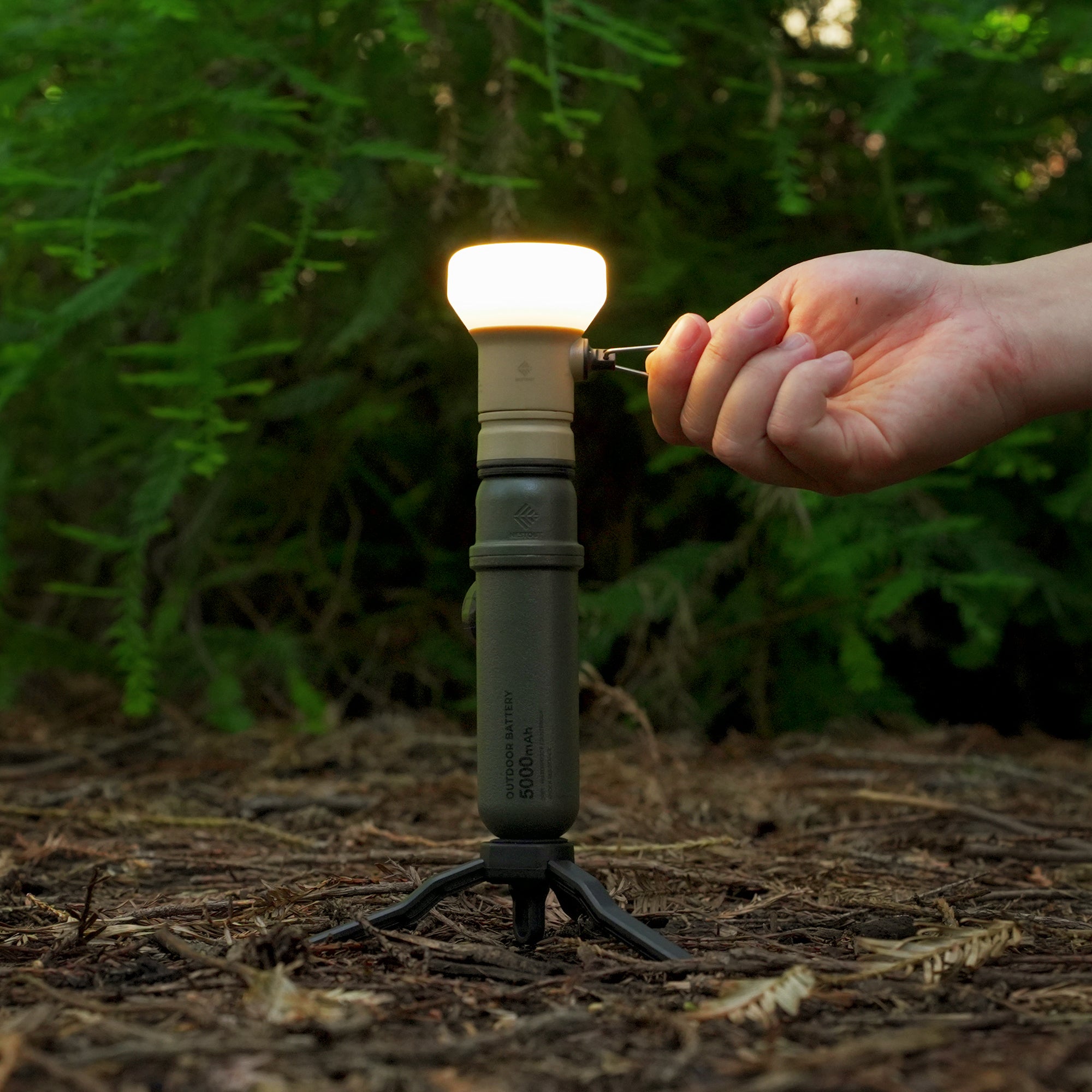 Image of hand turning on the nestout beige lamp attached to an olive 5k battery in the bushes