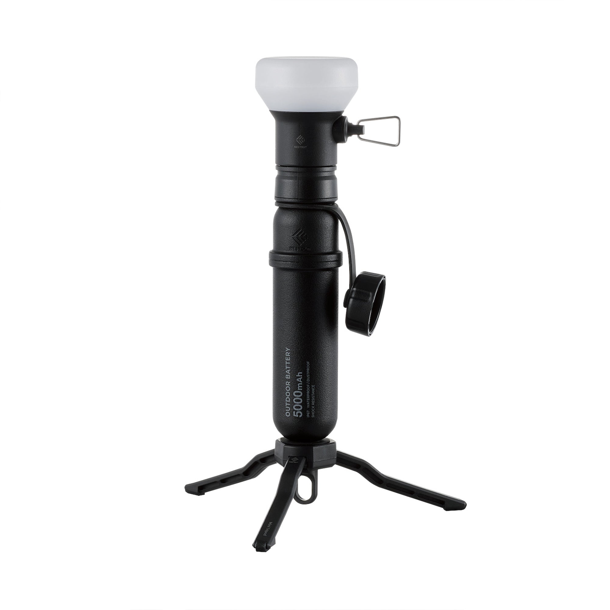 Image of nestout black lamp with connected spacer connected 5k battery and tripod attached