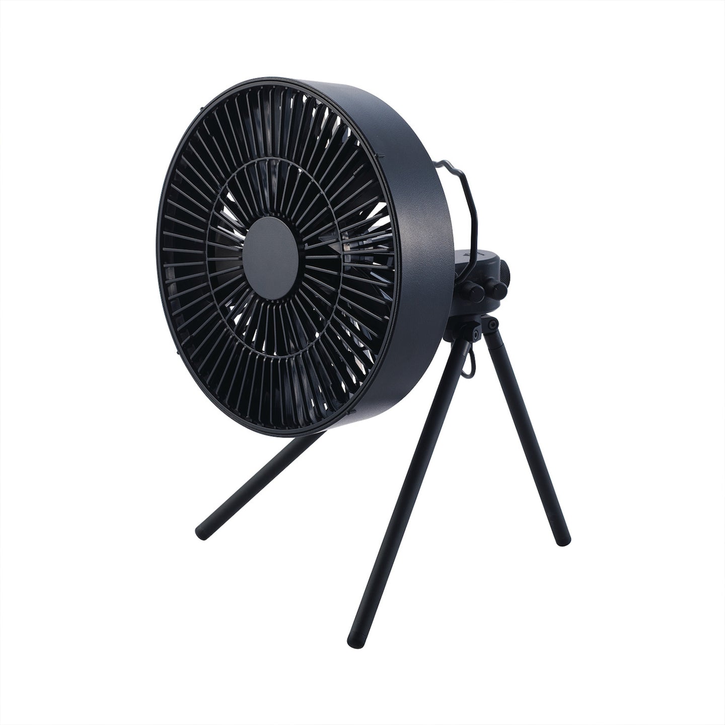 3/4 hero shot of nestout black fan with black tripod attached