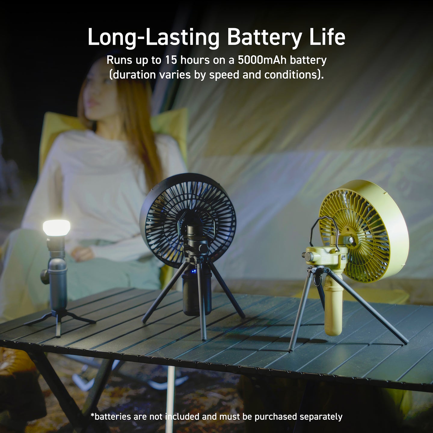 Image of 2 nestout fans, one black, one beige with matching nestout power banks powering them and a nestout lamp-1 wigth a grey power bank | girl in the background at a camp site | overlay text reads: Long-lasting battery life 
| Runs up to 15 hours on a 5000mAh battery (duration varies by speed and conditions) | disclaimer: batteries are not included and must be purchased separately 