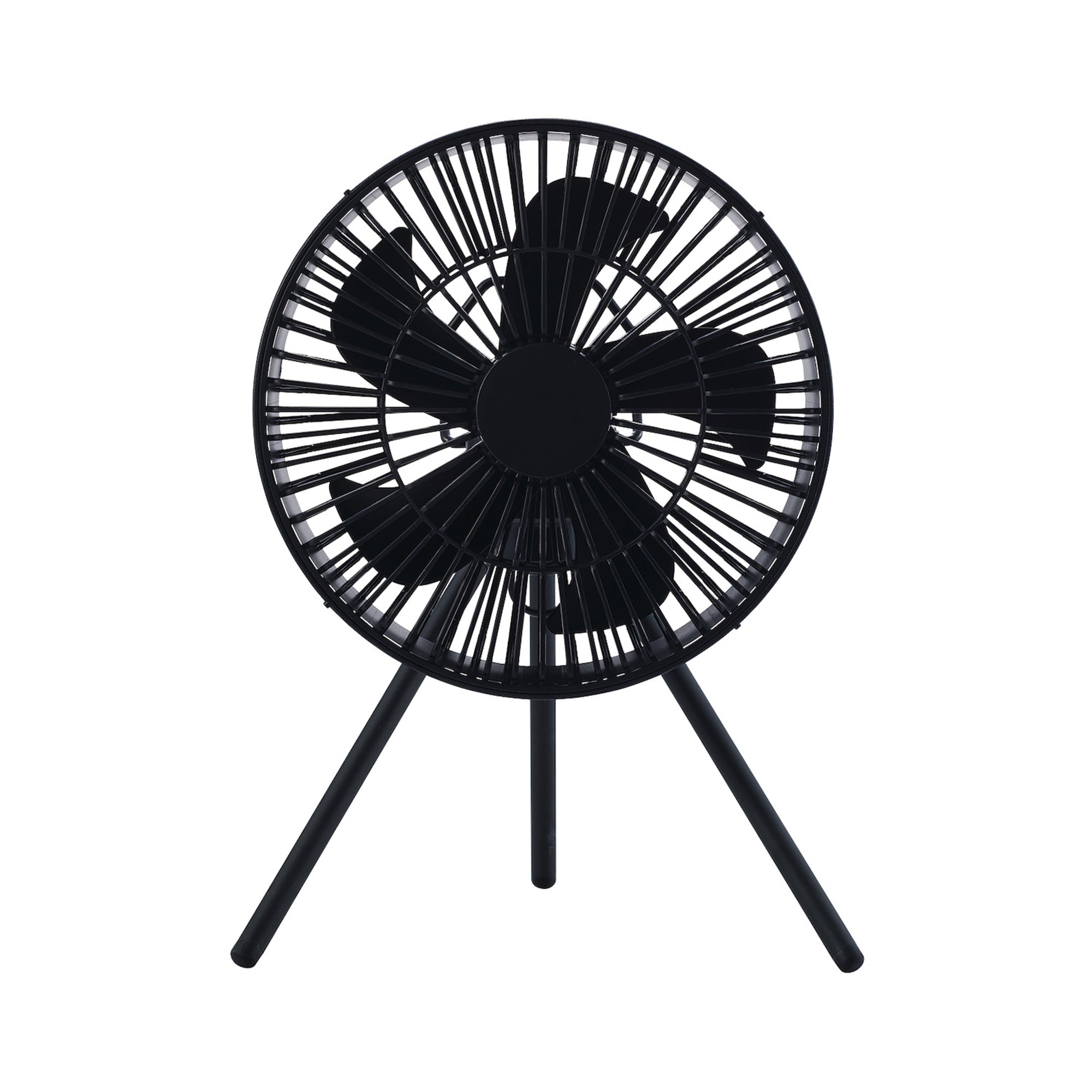 front hero shot of nestout black fan with black tripod attached