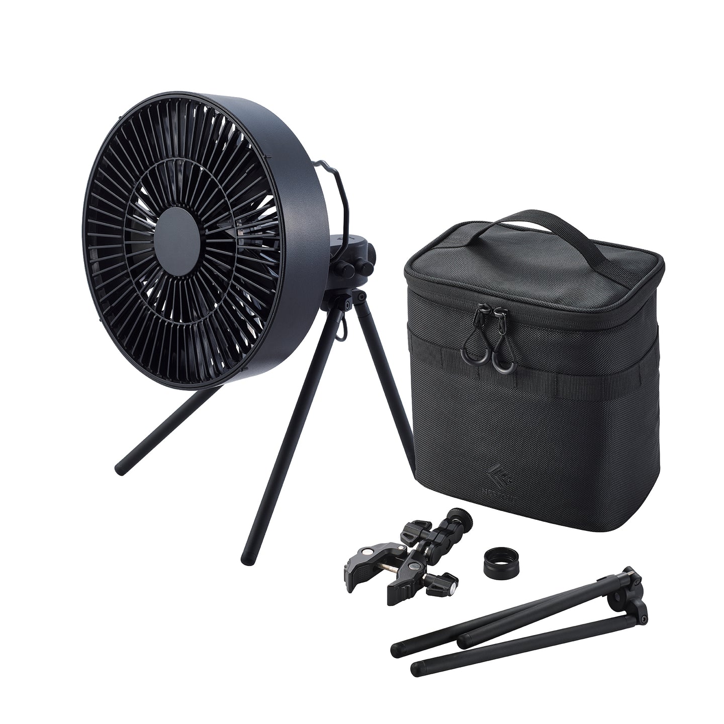 black outdoor fan kit with metal tripod, clamp, and carrying case | white background

