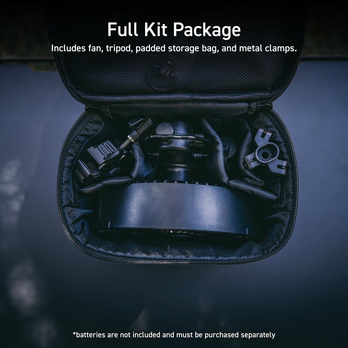 NESTOUT top view of fan kit | overlay text reads: Full Kit Package | Includes fan, tripod, padded storage bag, and metal clamps. | disclaimer: batteries are not included and must be purchased separately 