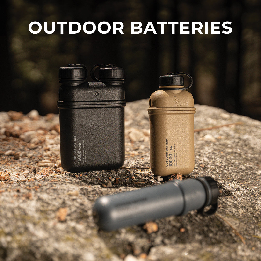 outdoor batteries by nestout - rugged, waterproof, dustproof, shockproof, and modular batteries that can be recharged with solar 