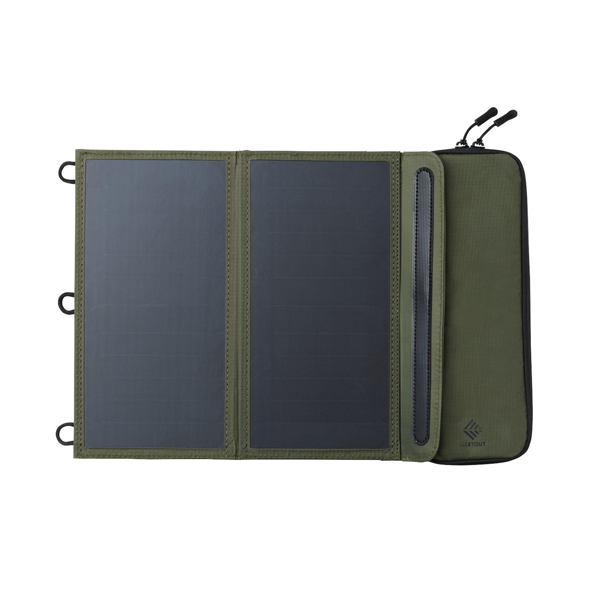 image of the nestout olive green 2 solar panel unfolded open