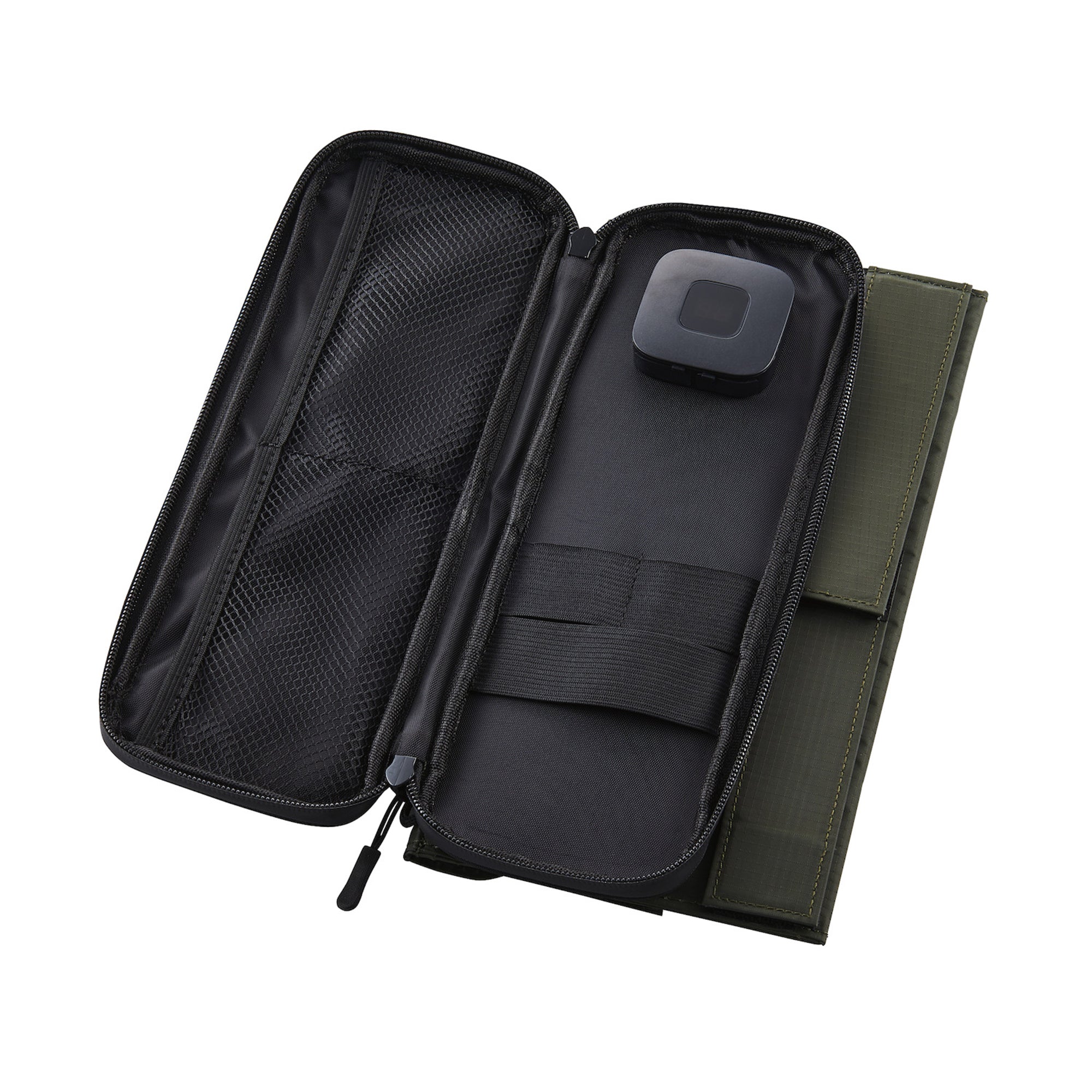 image of the nestout olive green 2 solar panel unfolded inside pocket with USB connector