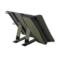 image of the backside of nestout olive green 2 solar panel on the wide-angle stand
