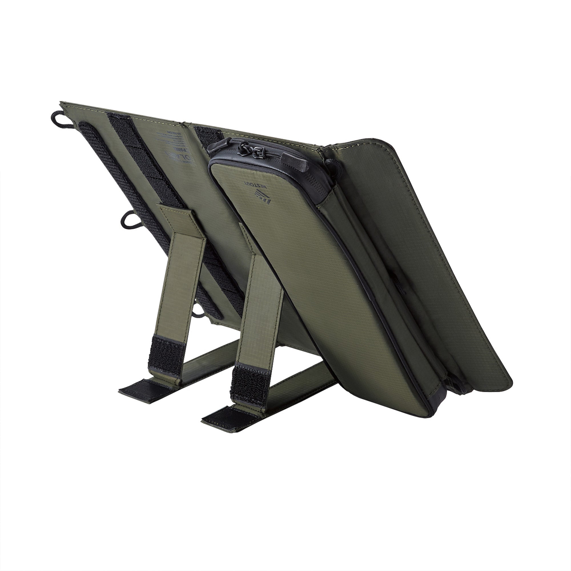 image of the backside of nestout olive green 2 solar panel on the wide-angle stand

