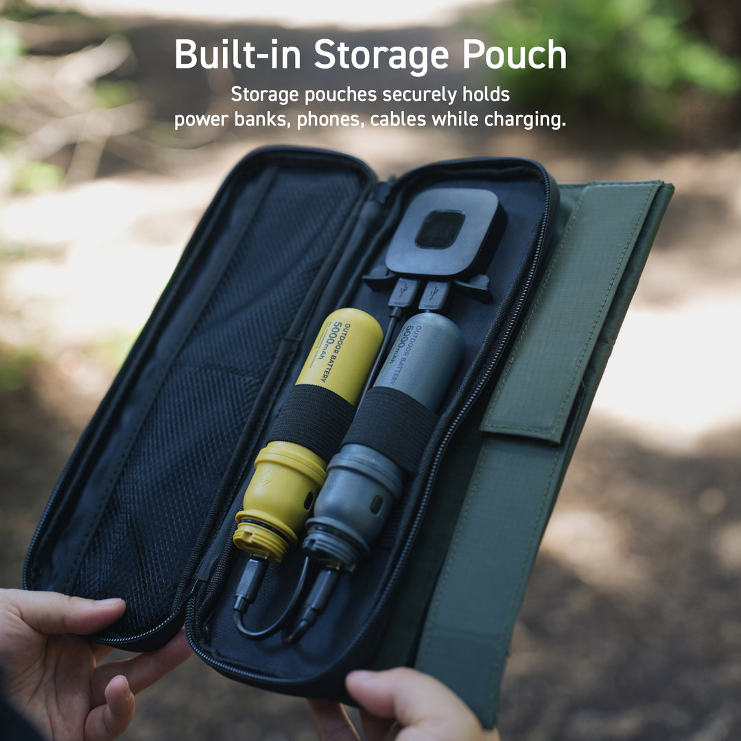 built-in storage pouch securely holds power banks, phones, cables, and more while charging or on the go | NESTOUT solar generator for emergencies