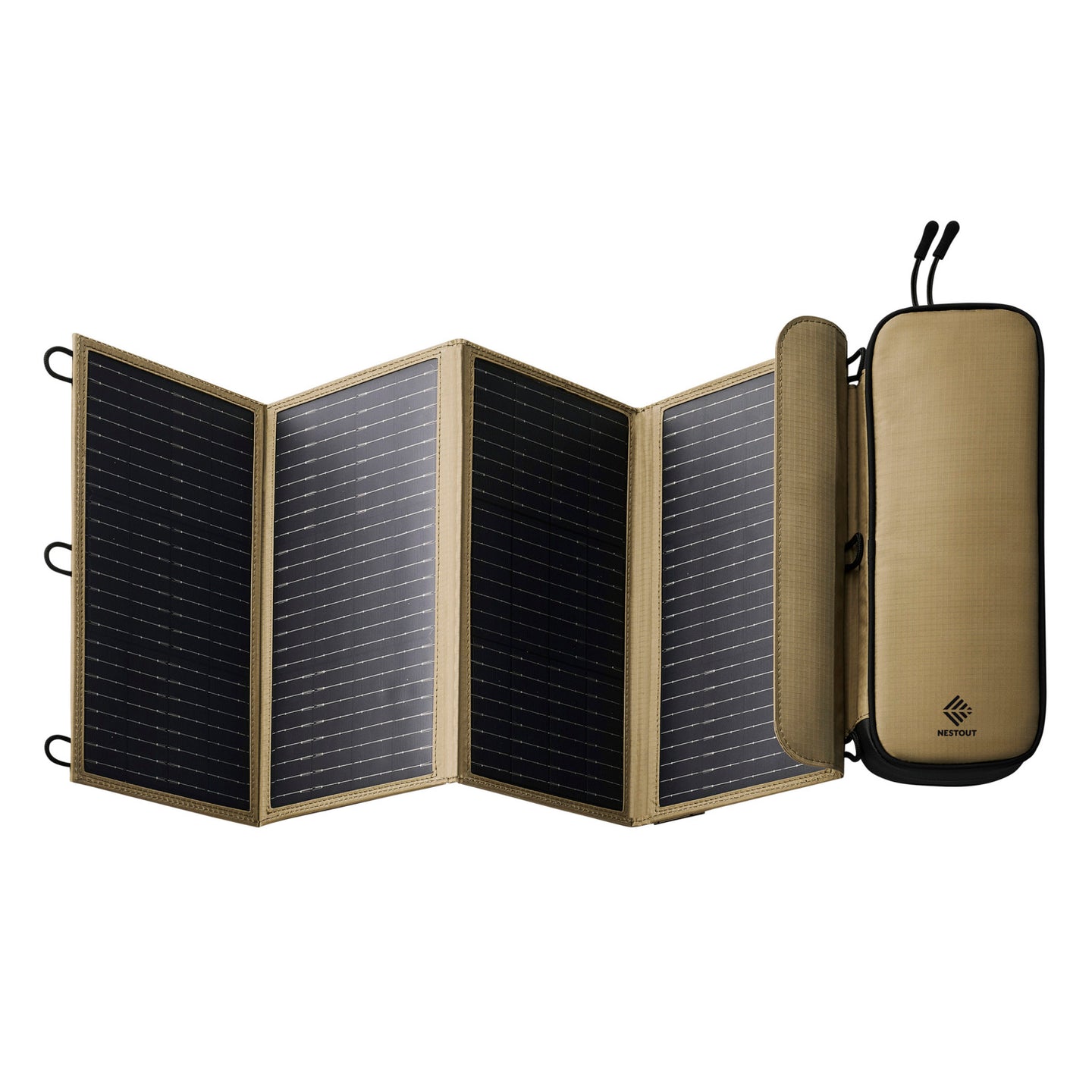 Foldable solar panel with carrying case on a white background