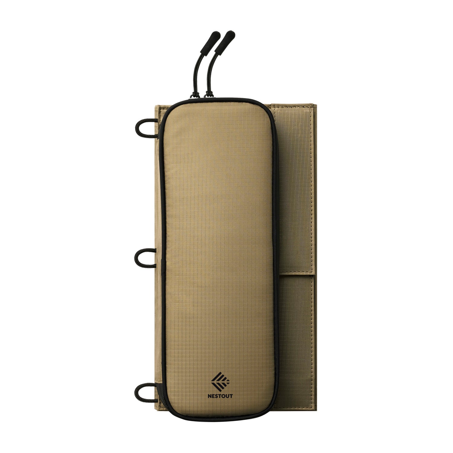 Folded up beige solar panel showcasing zippers and loops on a white background