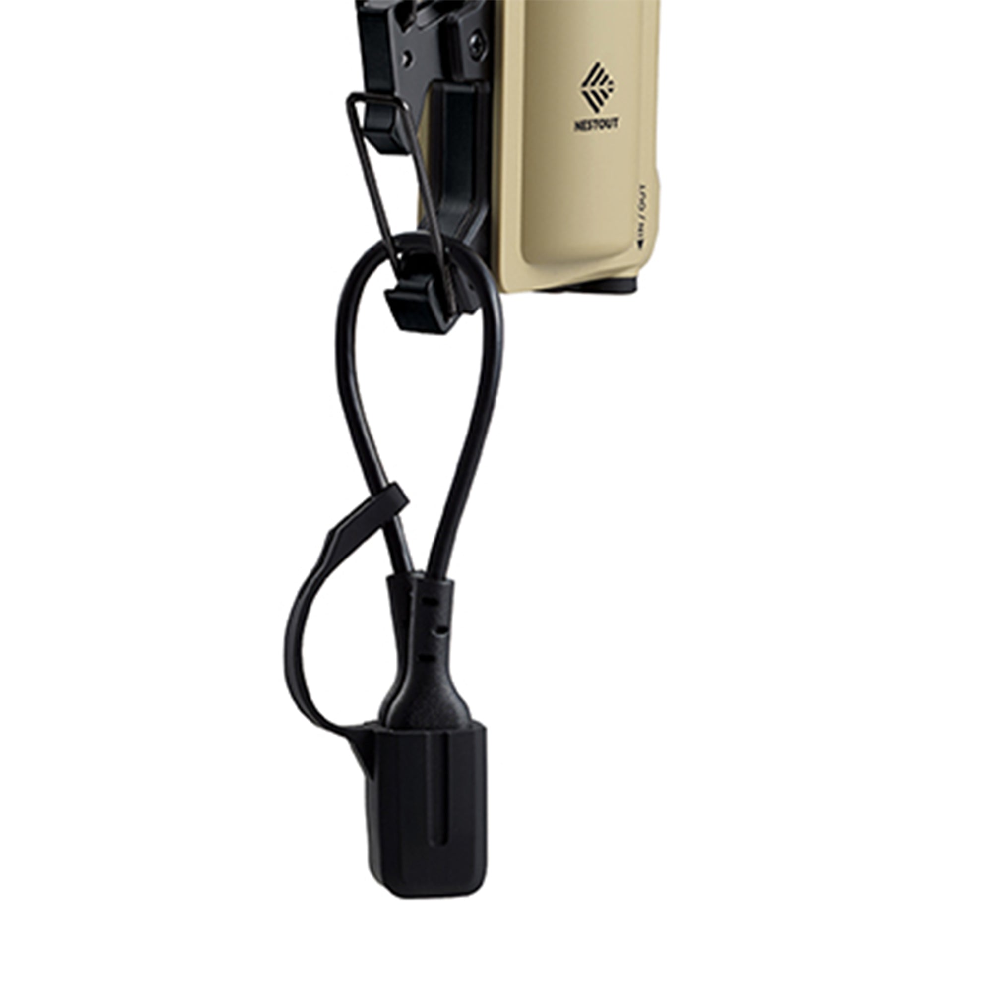Image of nestout beige 5000n carabiner USB-C cable hanging from the clip-and-go