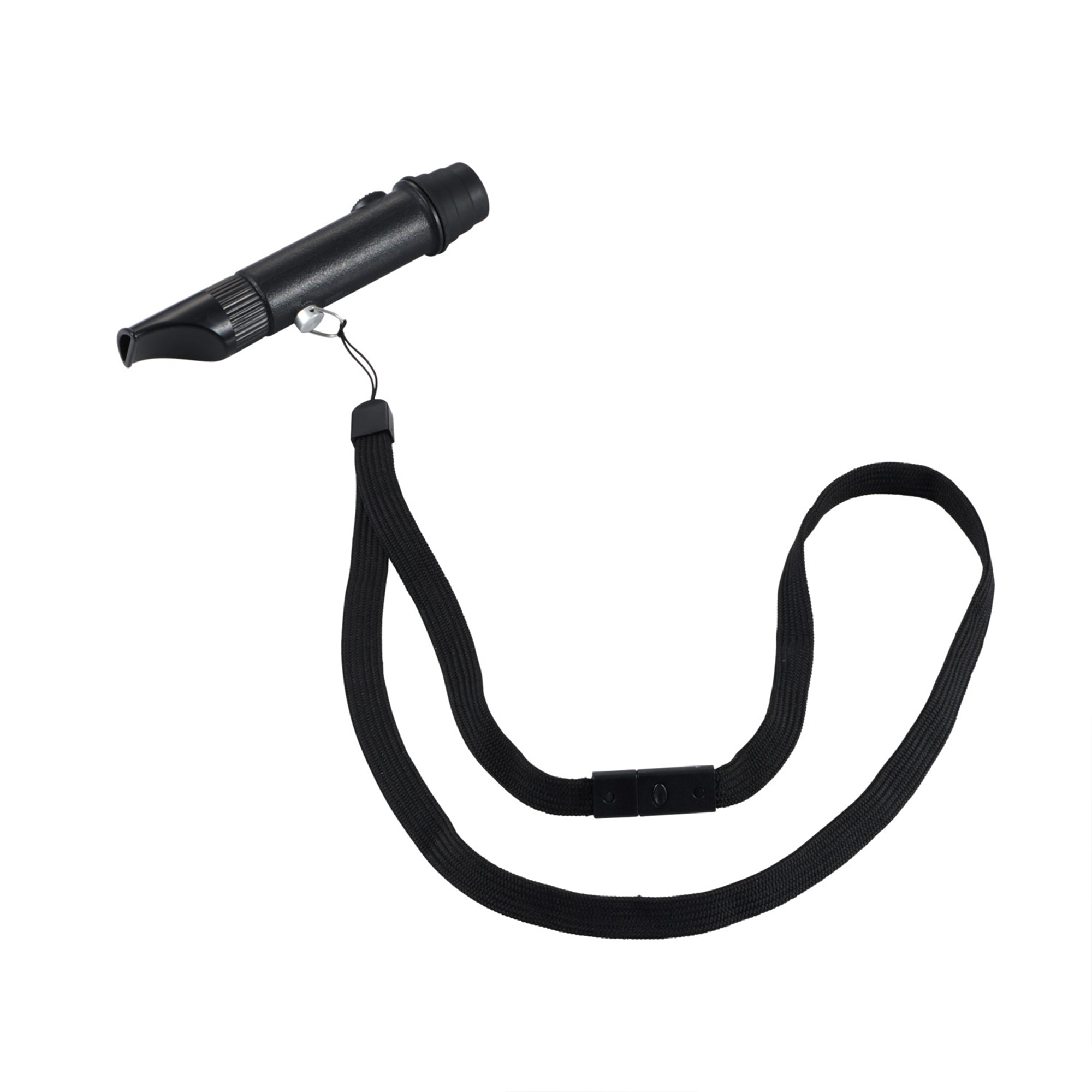 image of the nestout black whistle light with the lanyard attached