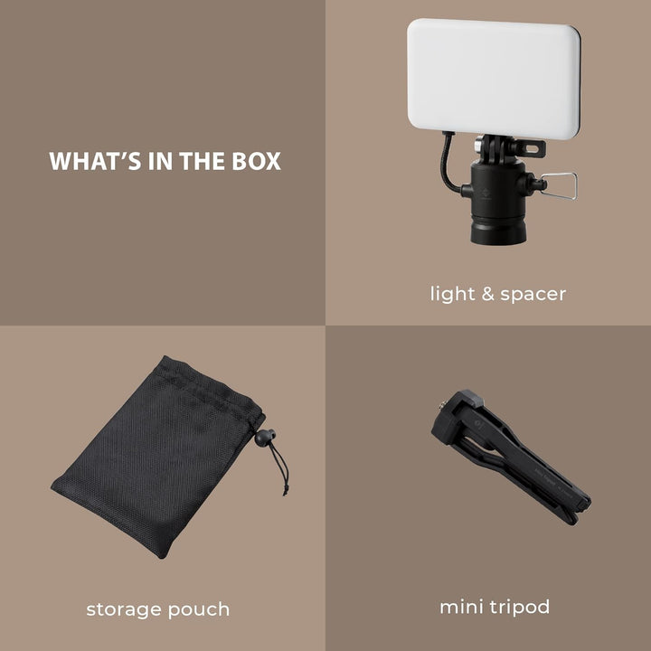 what's in the black color choice box: light & spacer, storage pouch, mini tripod | beige quad background