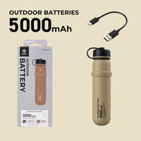 Beige outdoor power bank with packaging and USB cable on a beige background