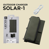 2-panel solar panel in an olive green next to packaging and a usb charger