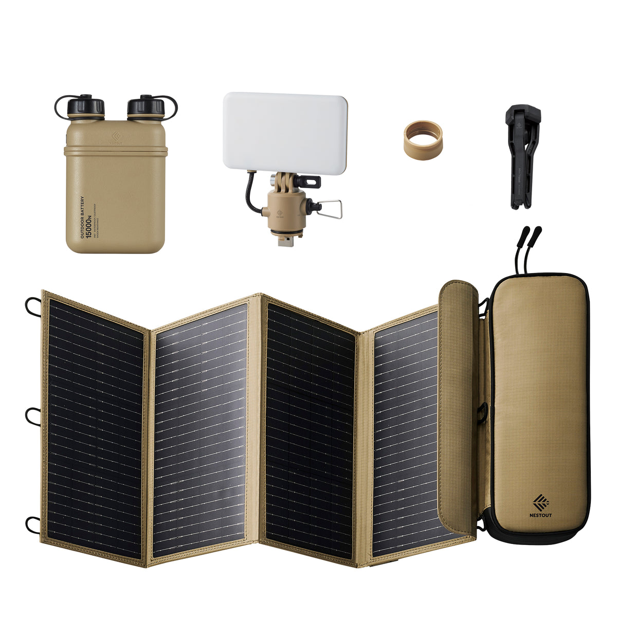 Collection of outdoor survival gear including a 4 panel solar charger, 15kmAH Power bank flashlight, spacer and tripod on a white background.