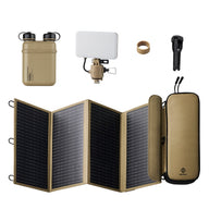 Collection of outdoor survival gear including a 4 panel solar charger, 15kmAH Power bank flashlight, spacer and tripod on a white background.
