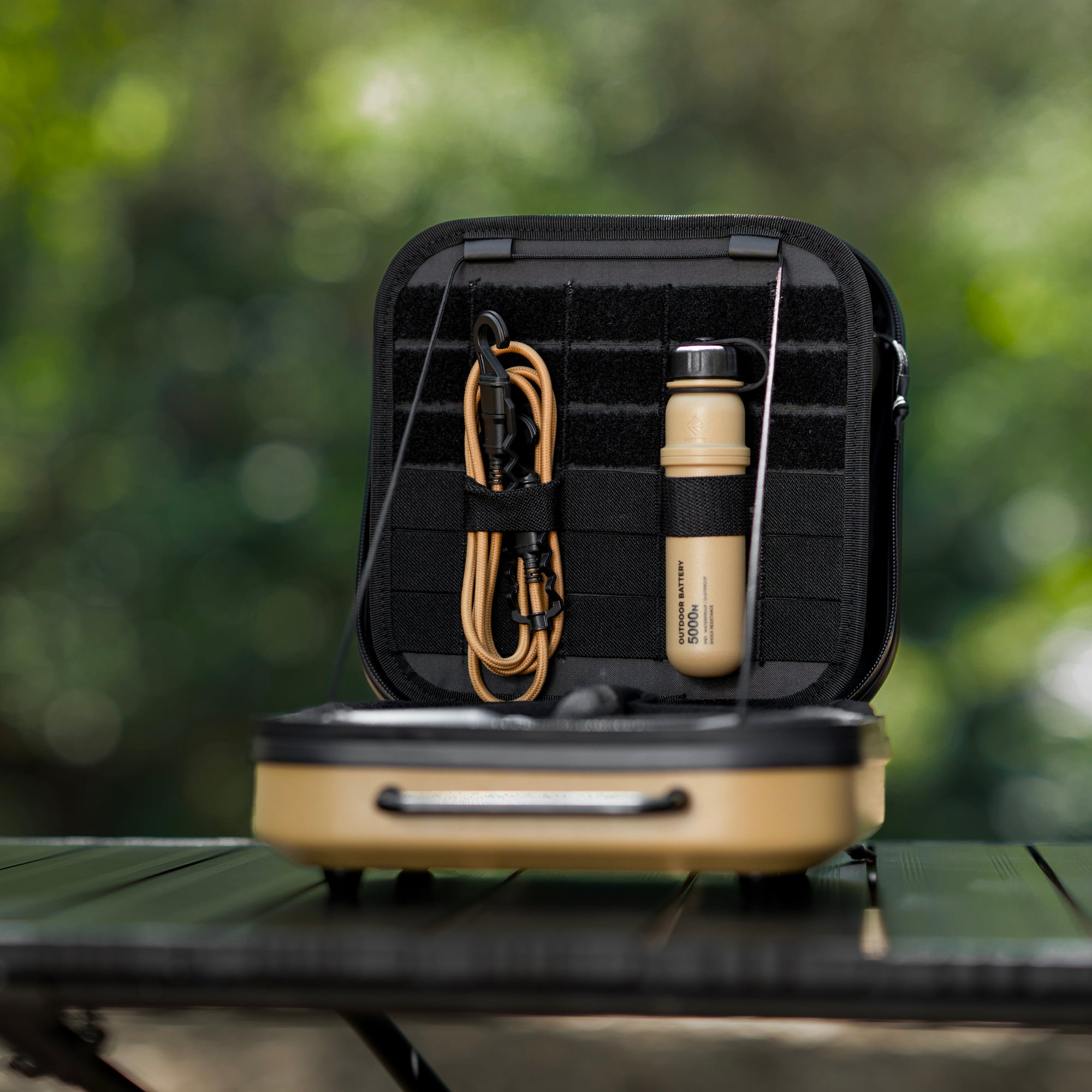 Small black and beige travel case with contents on a green surface outdoors