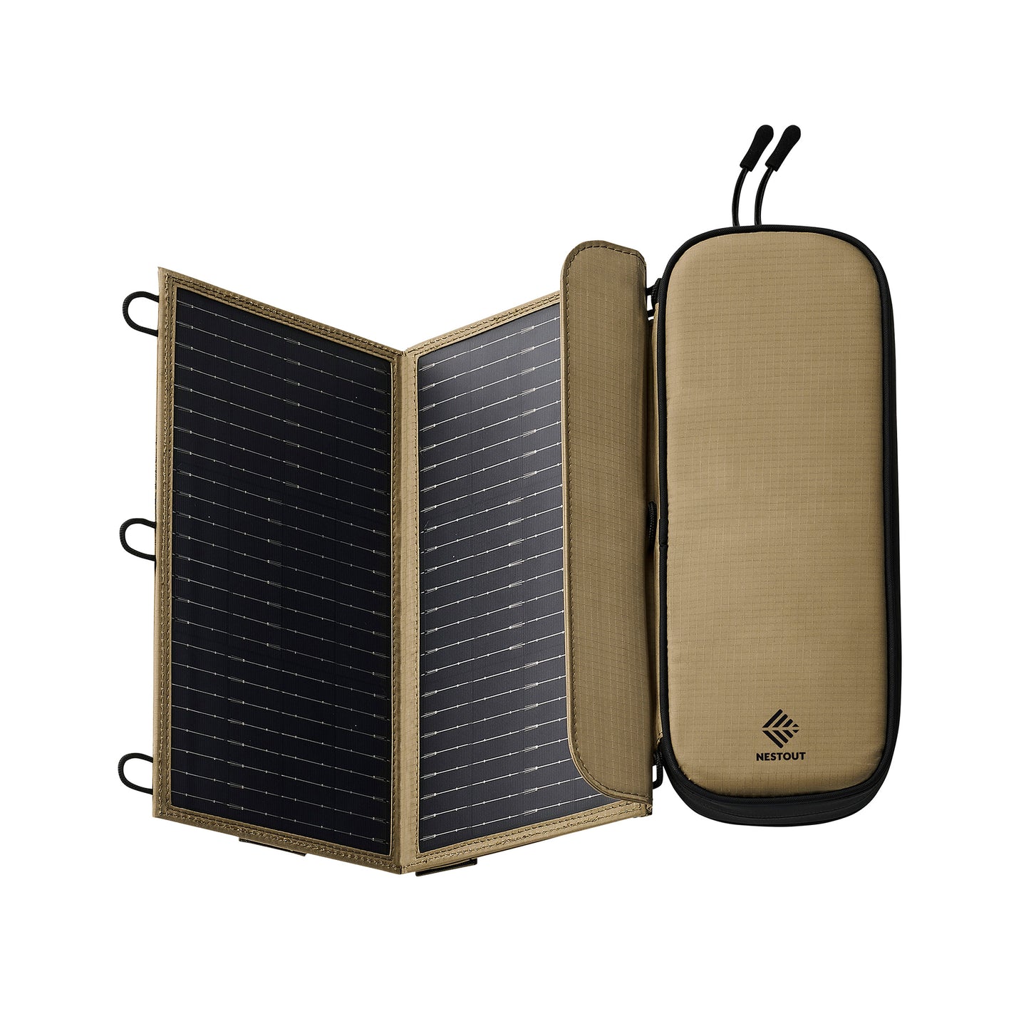 Foldable solar panel with carrying case on a white background