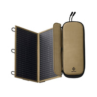 Foldable solar panel with carrying case on a white background