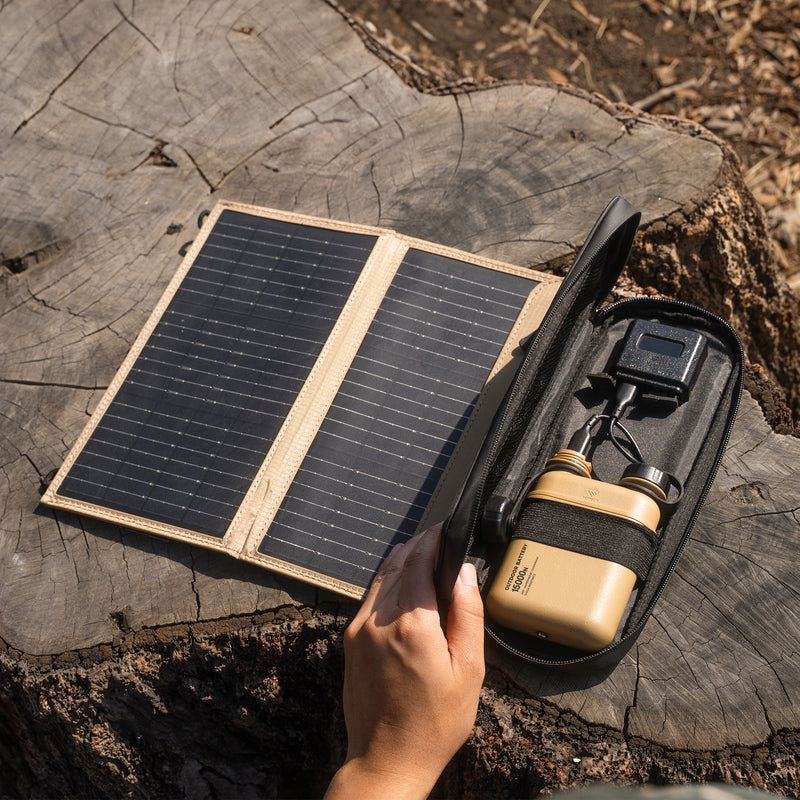 Solar panel and portable power bank on a tree stump