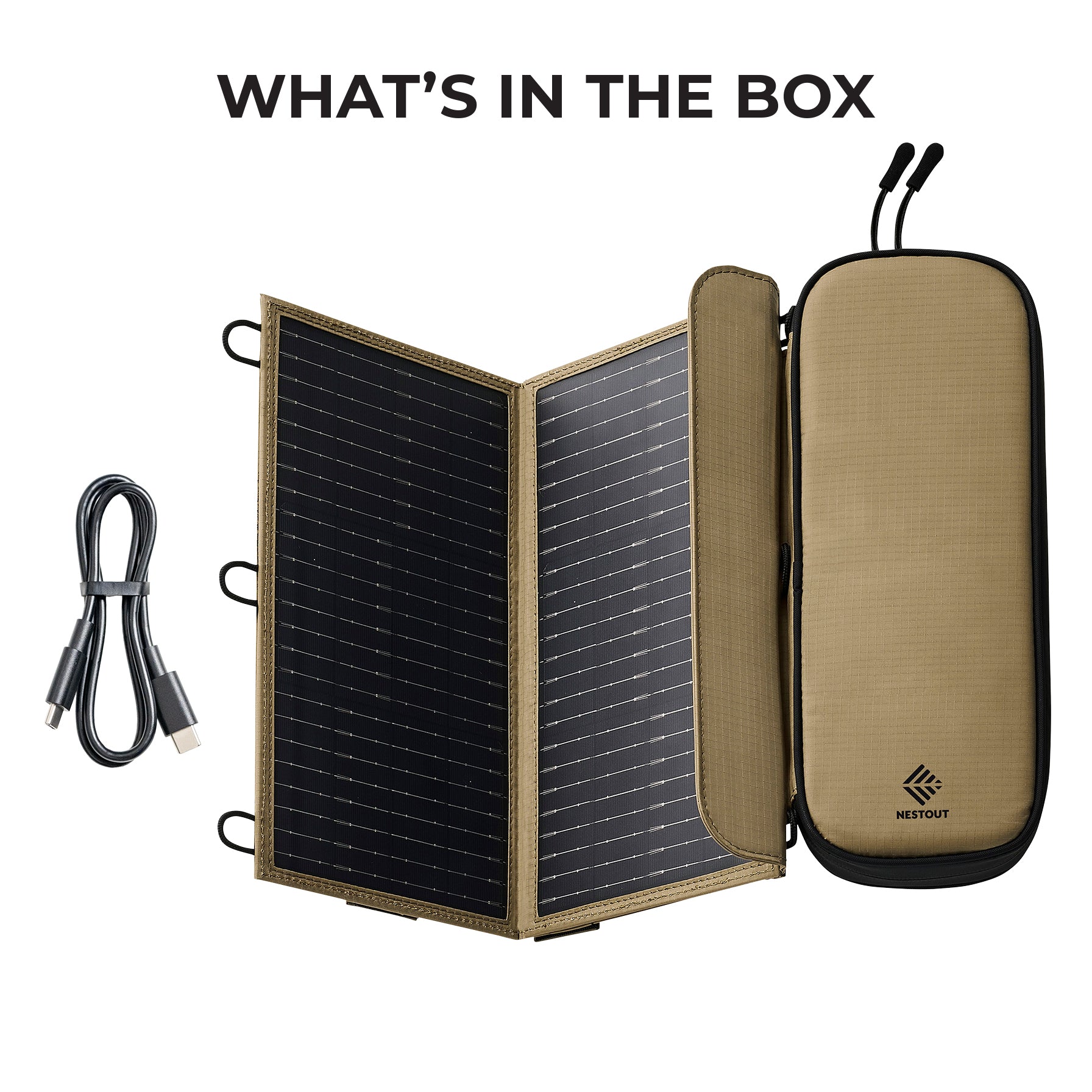 Solar panel with carrying case and cable on a white background