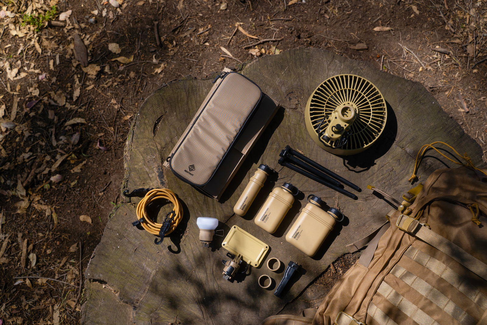 Collection of nestout gear featuring the solar panels and 15k, 10k and 5k power banks